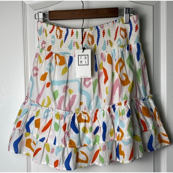 THML White and Multi-colored Smocked Waist Mini Skirt Ruffled Layers Size Small - Picture 1 of 10